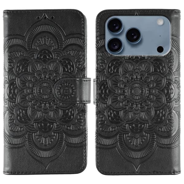 iPhone 18 Pro Max / iPhone 17 Pro Max Skal läderfodral med solmandala präglad Svart