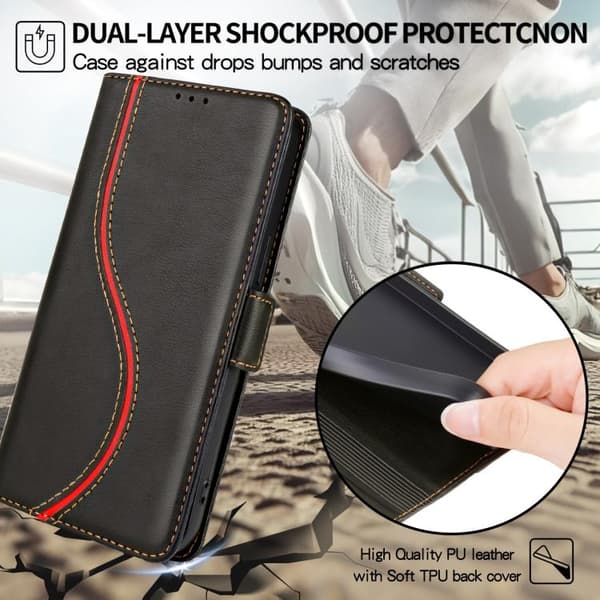 iPhone 18 Pro / iPhone 17 Pro Skal läderfodral med sidobuckle S-kurva Svart