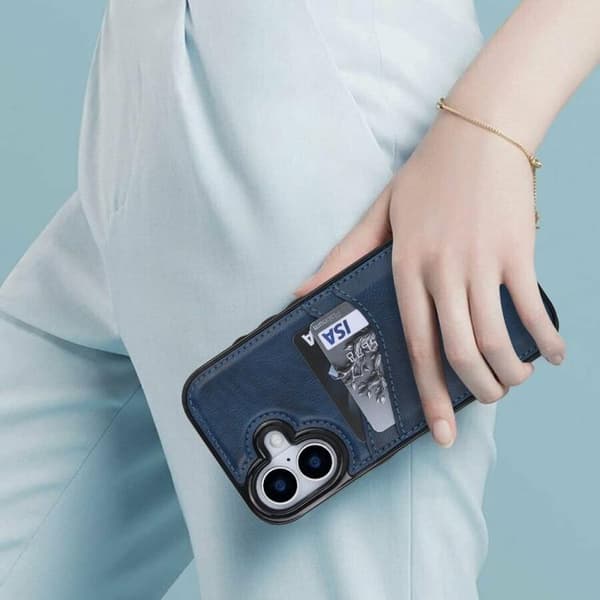 iPhone 17 Litchi Läder Skal med Kortfack Blå