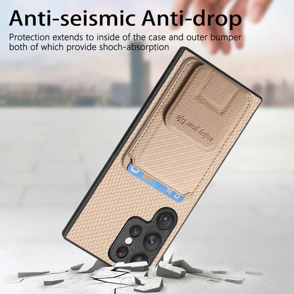 Samsung Galaxy S20 FE Skal i Kolfiber med Kortficka och Fällbart Ställ Kaki