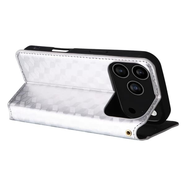 iPhone 18 Pro / iPhone 17 Pro Skal läderfodral med kubisk rutmönster Silver