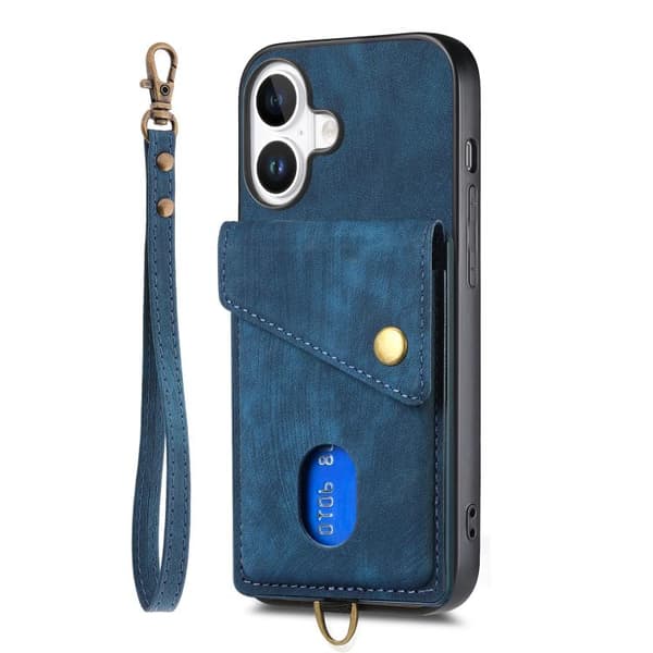 iPhone 17 Skal läderfodral med retro kortfack och rem Blå