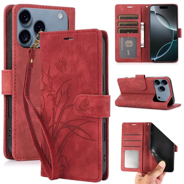 iPhone 18 Pro Max / iPhone 17 Pro Max Skal Läderfodral med Orkidéfjäril Prägling Röd