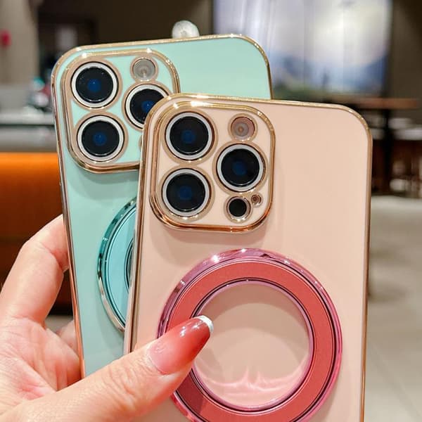iPhone 16 Pro Max Solid Color Elektropläterad Metallhållare Skal Rosrosa