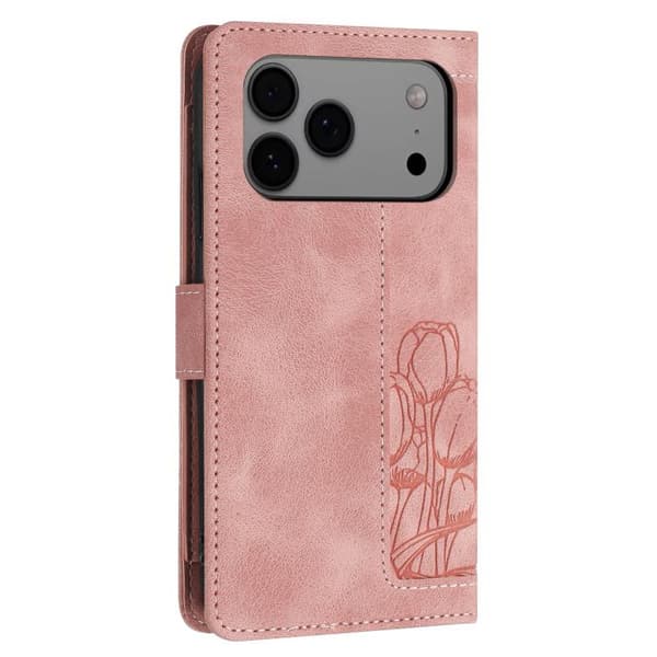 iPhone 18 Pro Max / iPhone 17 Pro Max Skal läderfodral med tulpaner och lanyard Rosa