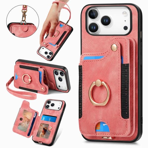 iPhone 18 Pro / iPhone 17 Pro Retro Skinnkänsla Ring Multi-kort Plånboks Skal Rosa