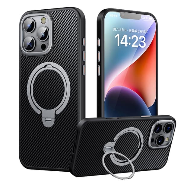 iPhone 16 Pro Max Dubbelring MagSafe Hållare Kolfiber Skal Silver