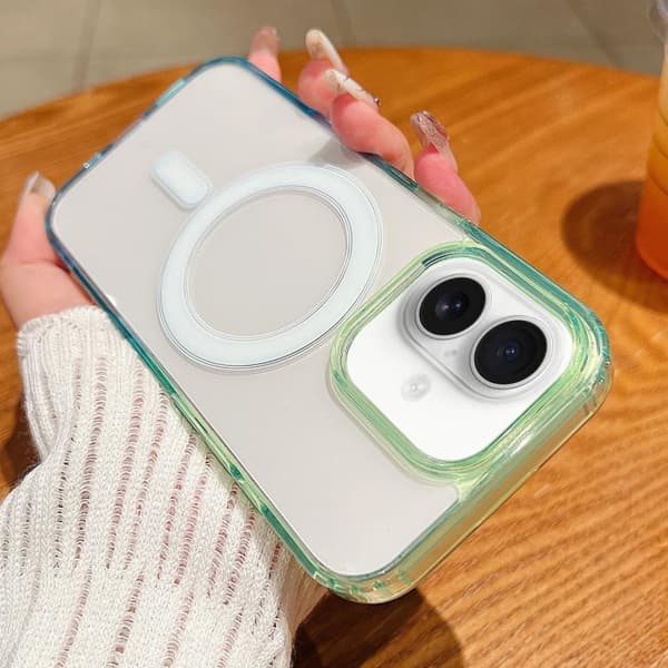 iPhone 17 Skal med Kontrastfärg Gradient och Transparent MagSafe Grön + Blå