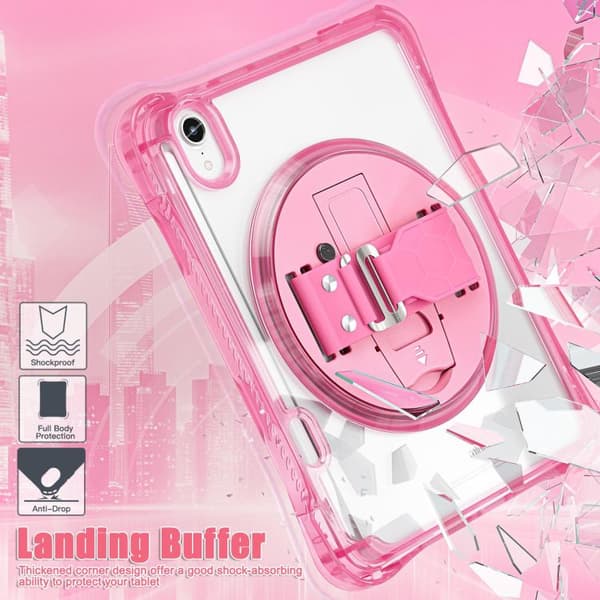 iPad mini 2024 / mini 6 Skal med Rotation Grip Holder - TPU Hybrid Clear PC Tablet Case Röd ros