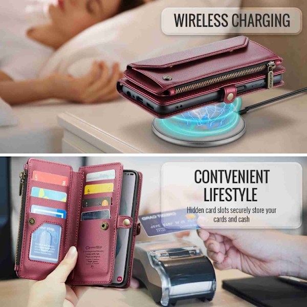 Samsung Galaxy S21+ 5G Skal CaseMe C36 med kortfack, dragkedja, RFID-skydd, läder Vinrött