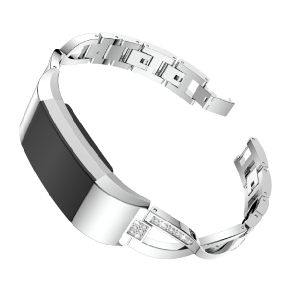 X-formad watch i massivt rostfritt stål med diamanter för Fitbit Charge 2 Silver