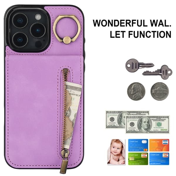 iPhone 16 Pro Max Retro Ring och Zipper RFID Kortfack Skal Purpur