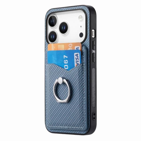 iPhone 18 Pro / iPhone 17 Pro Carbon Fiber Kortplånbok Ring Skal Blå