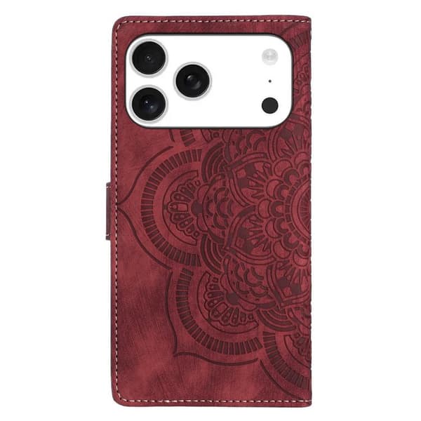iPhone 18 Pro Max / iPhone 17 Pro Max Skal Läderfodral med Mandala Prägling - Retro Frostad Design Röd