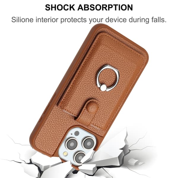 iPhone 16 Pro Litchi Textur Ritkort Väska Ringhållare Skal Brun