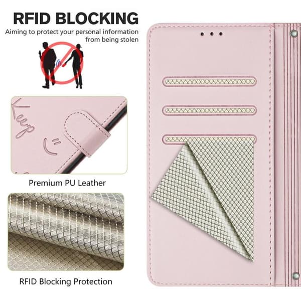 iPhone 18 Pro / iPhone 17 Pro Skal läderfodral med Smile Embossing och RFID Rosa
