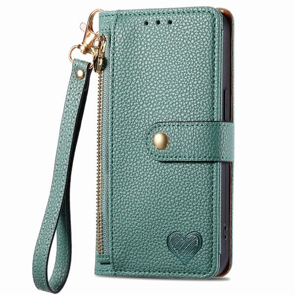 för Pixel 9a Skal - Love Zipper Lanyard Läderfodral Grön