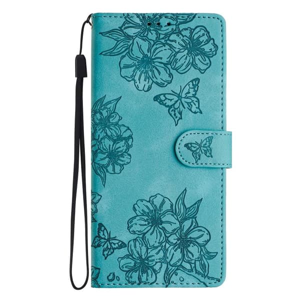 iPhone 18 Pro Max / iPhone 17 Pro Max Skal med Embossed PU och Körsbärsblomma Fjärilsmönster Grön