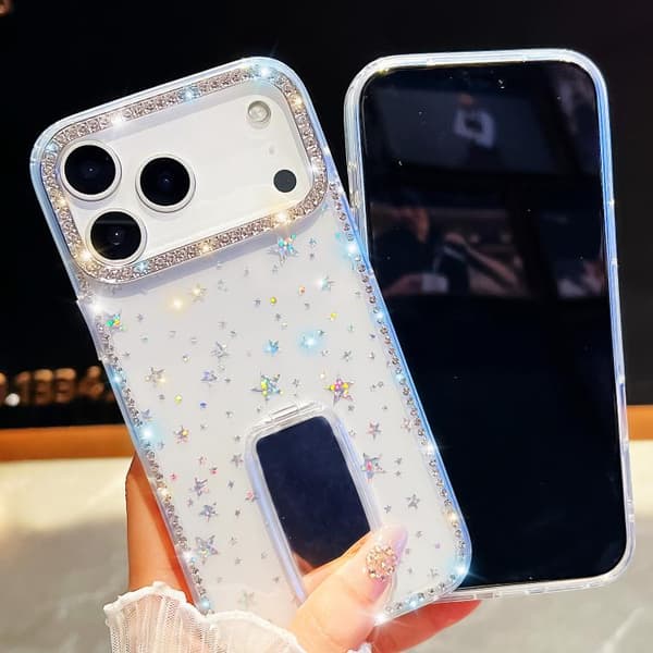 iPhone 18 Pro Max / iPhone 17 Pro Max Skal med Rhinestone Glitter, 4-hörns Anti-fall och Hållare Vit