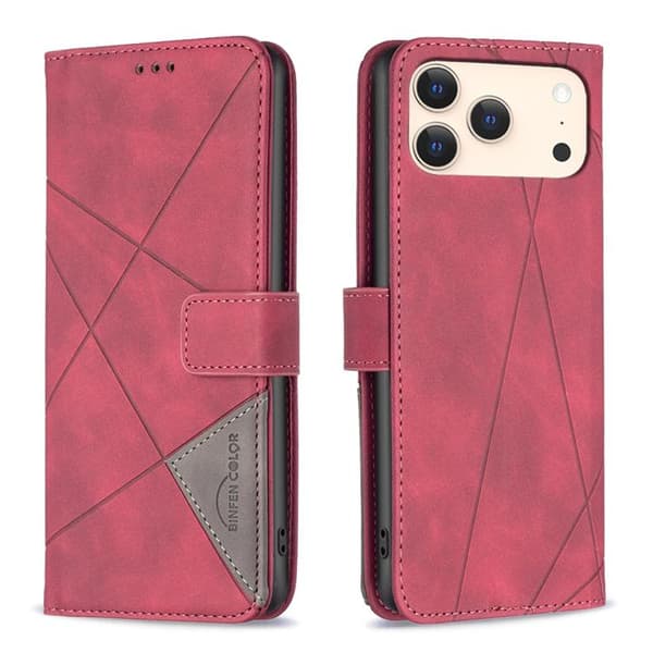 iPhone 18 Pro / iPhone 17 Pro Skal läderfodral med magnetisk spänne och rhombus-textur Röd