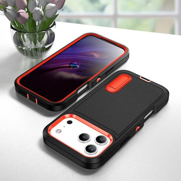 iPhone 18 Pro Max / iPhone 17 Pro Max Skal - robust PC + silikon med hållare Svart + Orange