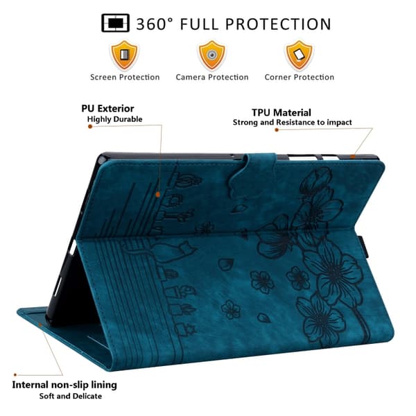 Samsung Galaxy Tab A7 Lite Cartoon Sakura Cat Prägad Läderfodral Blå