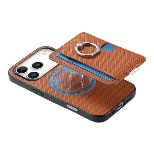 iPhone 18 Pro Max / iPhone 17 Pro Max Skal med kolfiber ring och MagSafe kortficka Brun