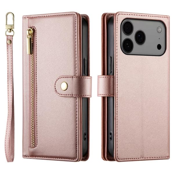 iPhone 17 Pro Skal läderfodral med nio kortfack och dragkedja Rosa
