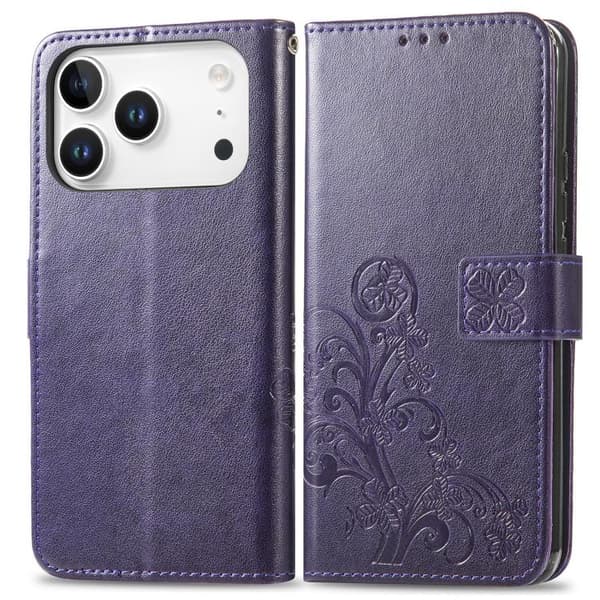 iPhone 18 Pro / iPhone 17 Pro Skal läderfodral med fyrklöverklämma och präglad spänne Purpur