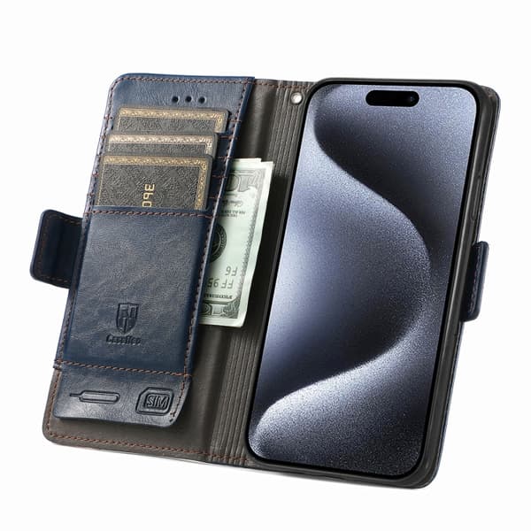 iPhone 16 Pro Max Skal - Neo Splicing Dubbel Magnetisk Spänne Läder Fodral Blå