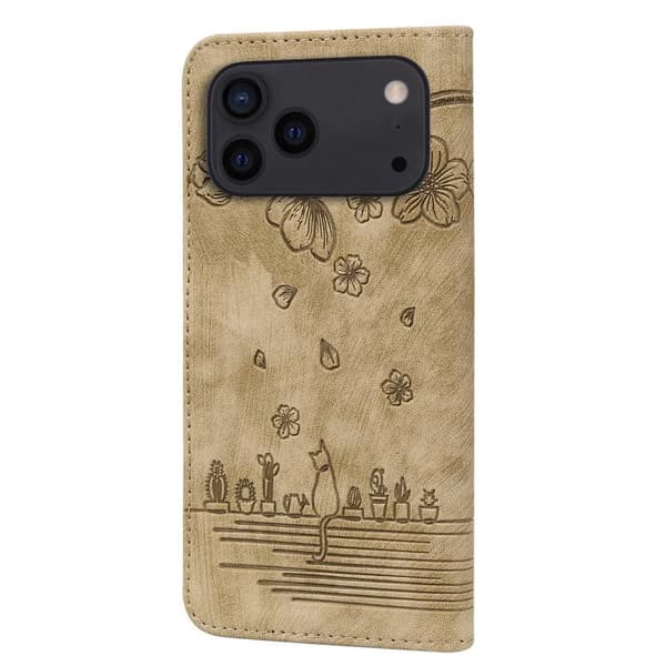 iPhone 18 Pro / iPhone 17 Pro Skal läderfodral med Cartoon Sakura Katt Prägling Brun
