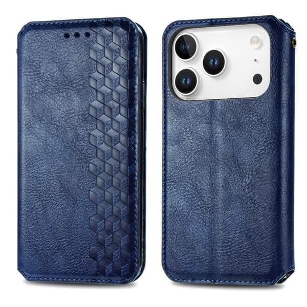 iPhone 18 Pro Max / iPhone 17 Pro Max Skal läderfodral med kubisk rutnätsdesign och magnetisk stängning Blå