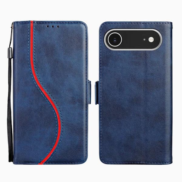 iPhone 17 Air Skal läderfodral med sidobuckle S-kurva Blå
