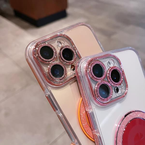 iPhone 16 Pro Transparent Glitter CD Textur Rotating Skal Orange