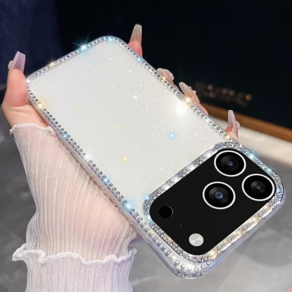 iPhone 17 Pro Skal med Rhinestone Glitter och 4-hörns Anti-fall Vit