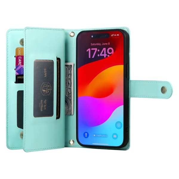 iPhone 18 Pro Max / iPhone 17 Pro Max Skal läderfodral med nio kortfack och dragkedja Mintgrön