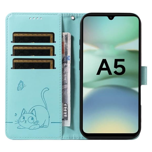 Redmi A5 4G - Flip Läderfodral med Embossed Kattmönster Grön