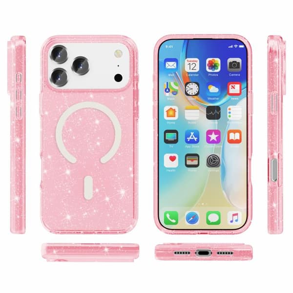 iPhone 18 Pro Max / iPhone 17 Pro Max Skal - Terminator Stil med Glittrande Pulver och MagSafe Magnet Rosa
