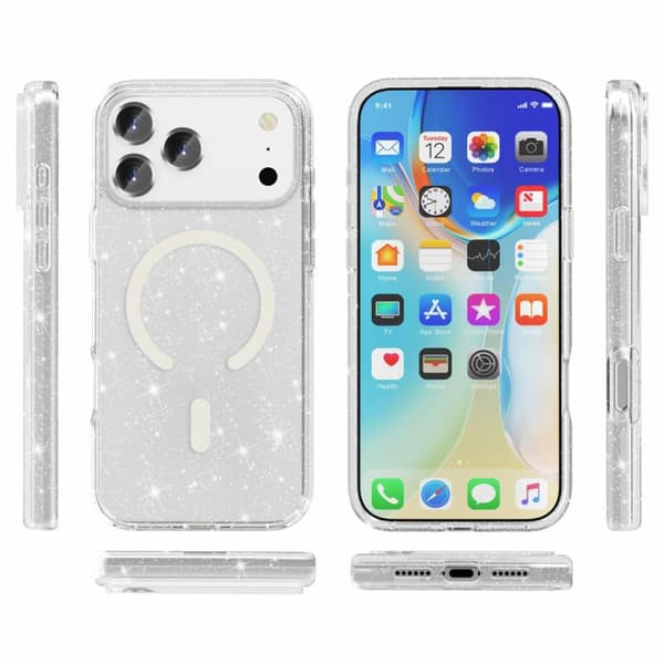 iPhone 17 Pro Skal - Terminator Stil med Glittrande Pulver och MagSafe Magnet Vit