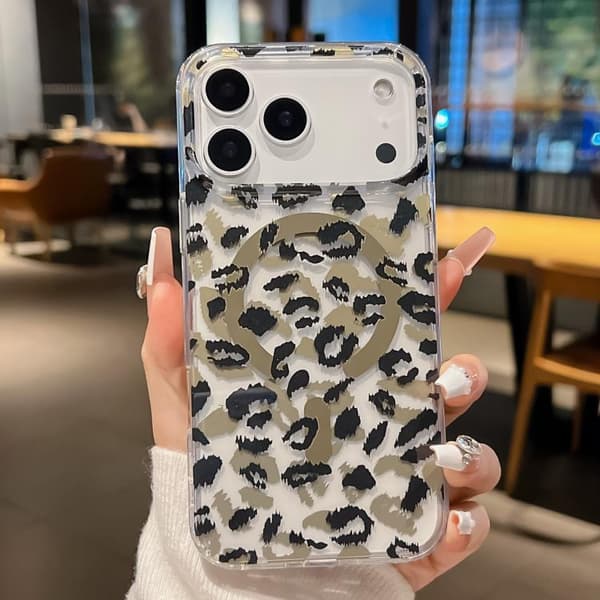 iPhone 18 Pro / iPhone 17 Pro Skal med Leopard MagSafe och Dubbel-sidig Laminering Svart brun