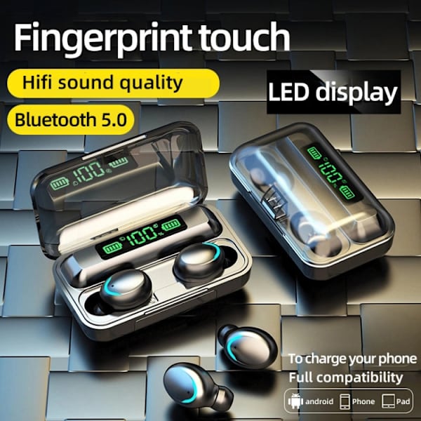 F9-5C LED-ljus + digital display brusreducerande Bluetooth-hörlurar med handrem Svart