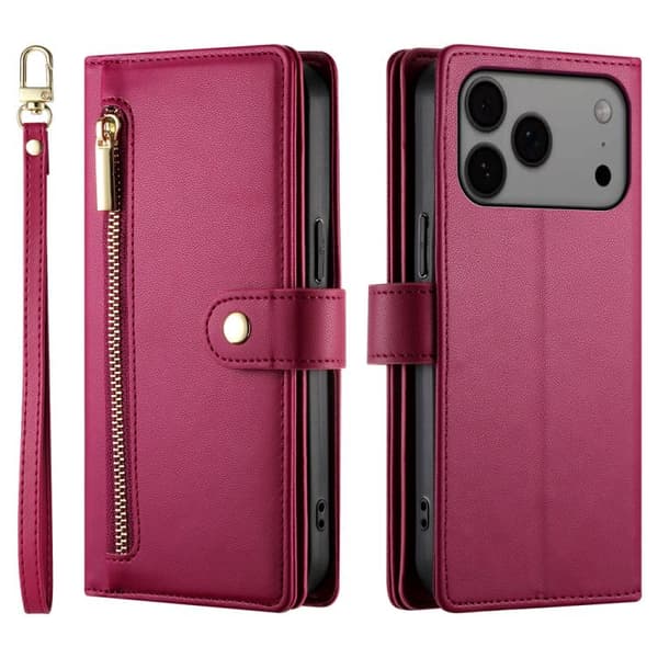 iPhone 18 Pro Max / iPhone 17 Pro Max Skal läderfodral med nio kortfack och dragkedja Röd