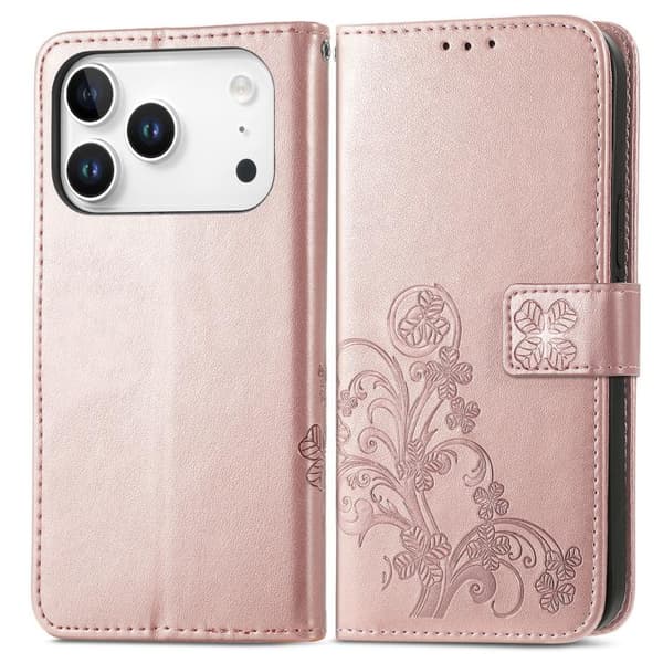 iPhone 18 Pro / iPhone 17 Pro Skal läderfodral med fyrklöverklämma och präglad spänne Roséguld