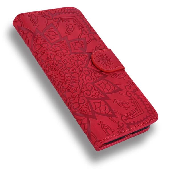 iPhone 18 Pro / iPhone 17 Pro Skal läderfodral med mandala präglad design - dubbelvik Röd