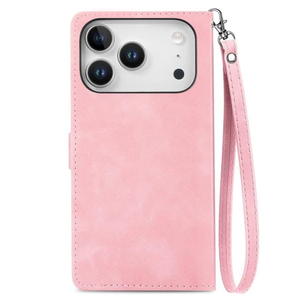 iPhone 18 Pro Max / iPhone 17 Pro Max Skal läderfodral med präglad blomma och dragkedja Rosa