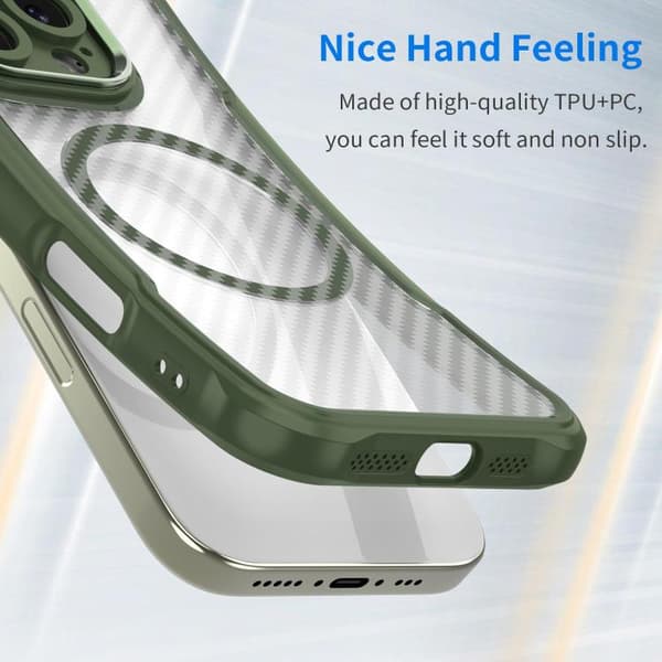 iPhone 18 Pro Max / iPhone 17 Pro Max Skal - kolfibertextur med MagSafe, genomskinlig Grön