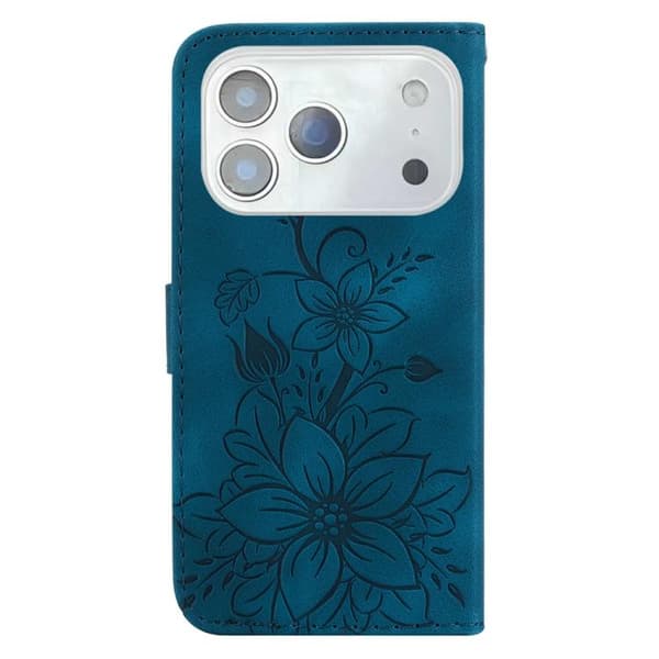 iPhone 18 Pro / iPhone 17 Pro Skal Läderfodral med Lily Prägling Mörkblå