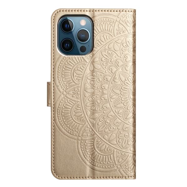 iPhone 16 Pro Blomsterpräglat Läderfodral - Elegant Skal för iPhone 16 Pro Guld