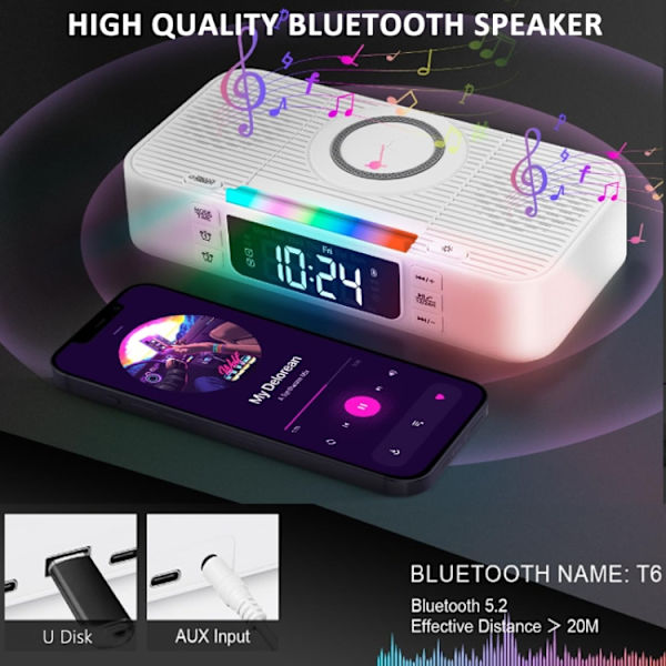 Digital väckarklocka Trådlös laddare Bluetooth-högtalare RGB-nattlampa Mobiltelefonhållare (Vit)