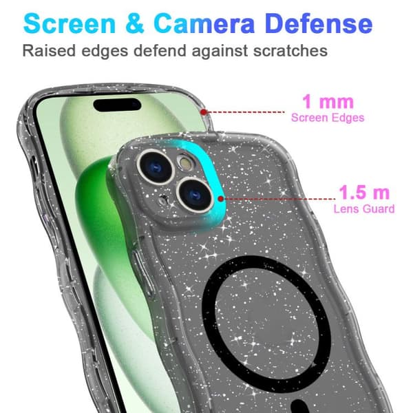iPhone 16 Pro Max Wave Glitter MagSafe Magnetisk TPU Skal Transparent svart